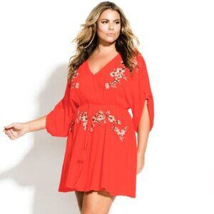 City Chic Seville Tunic Dress Size 18 Embroidered Bright Orange Red Tigerlilly